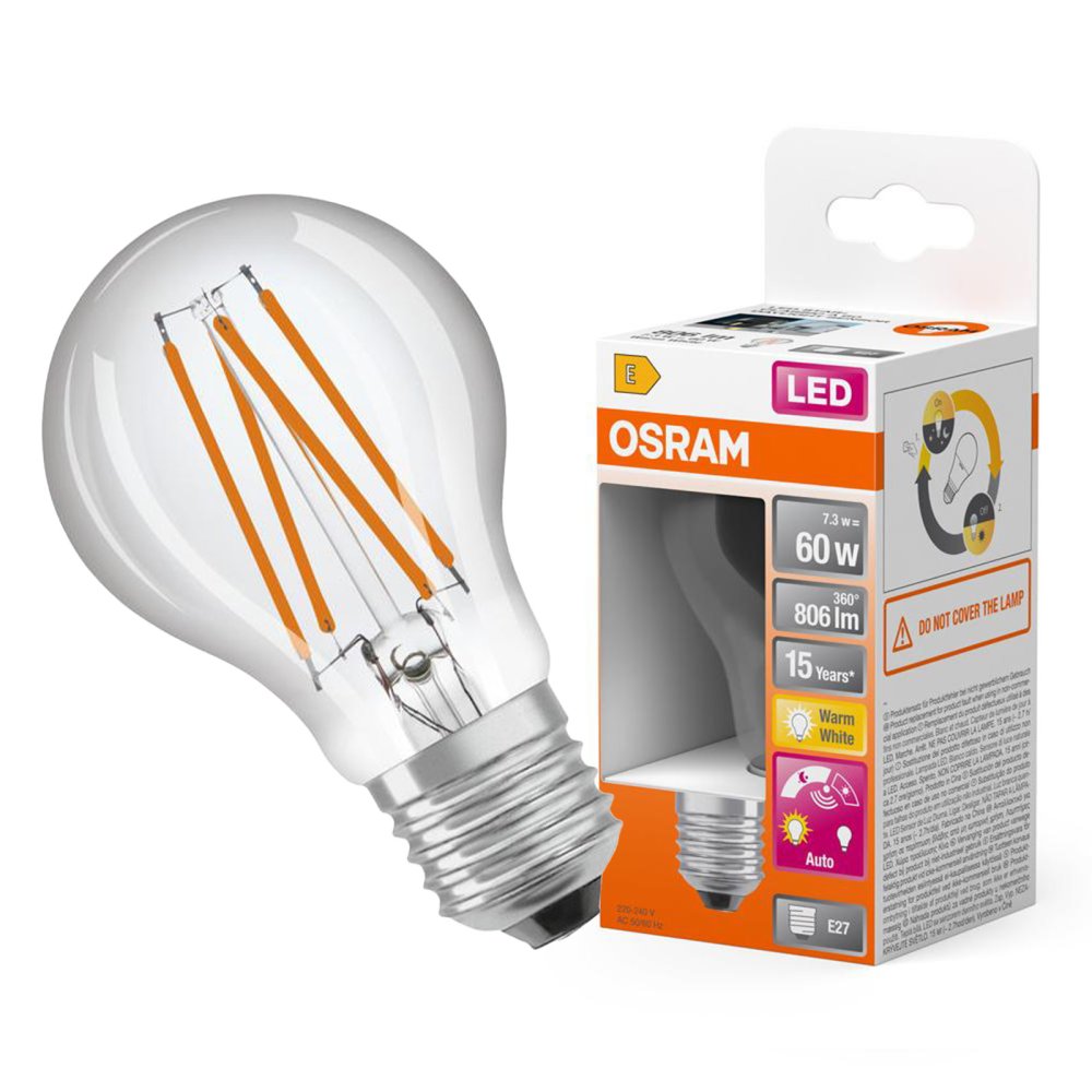 LED žiarovka A60 E27 7,3W = 60W 806lm 2700K Warm 320° so súmrakovým senzorom Classic Osram