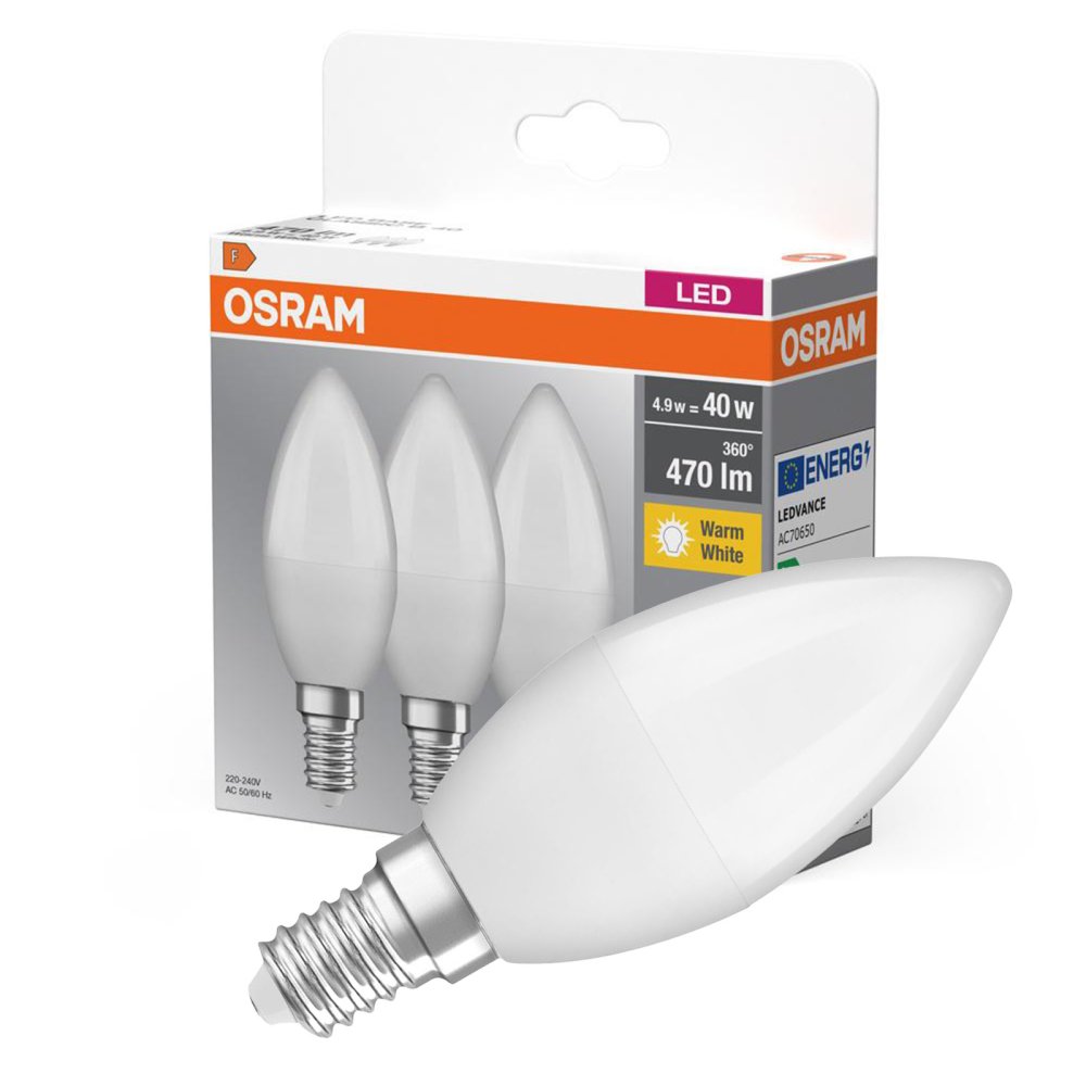 3x LED žiarovka B37 Candle E14 4,9W = 40W 470lm 2700K Warm 180° BASE Osram
