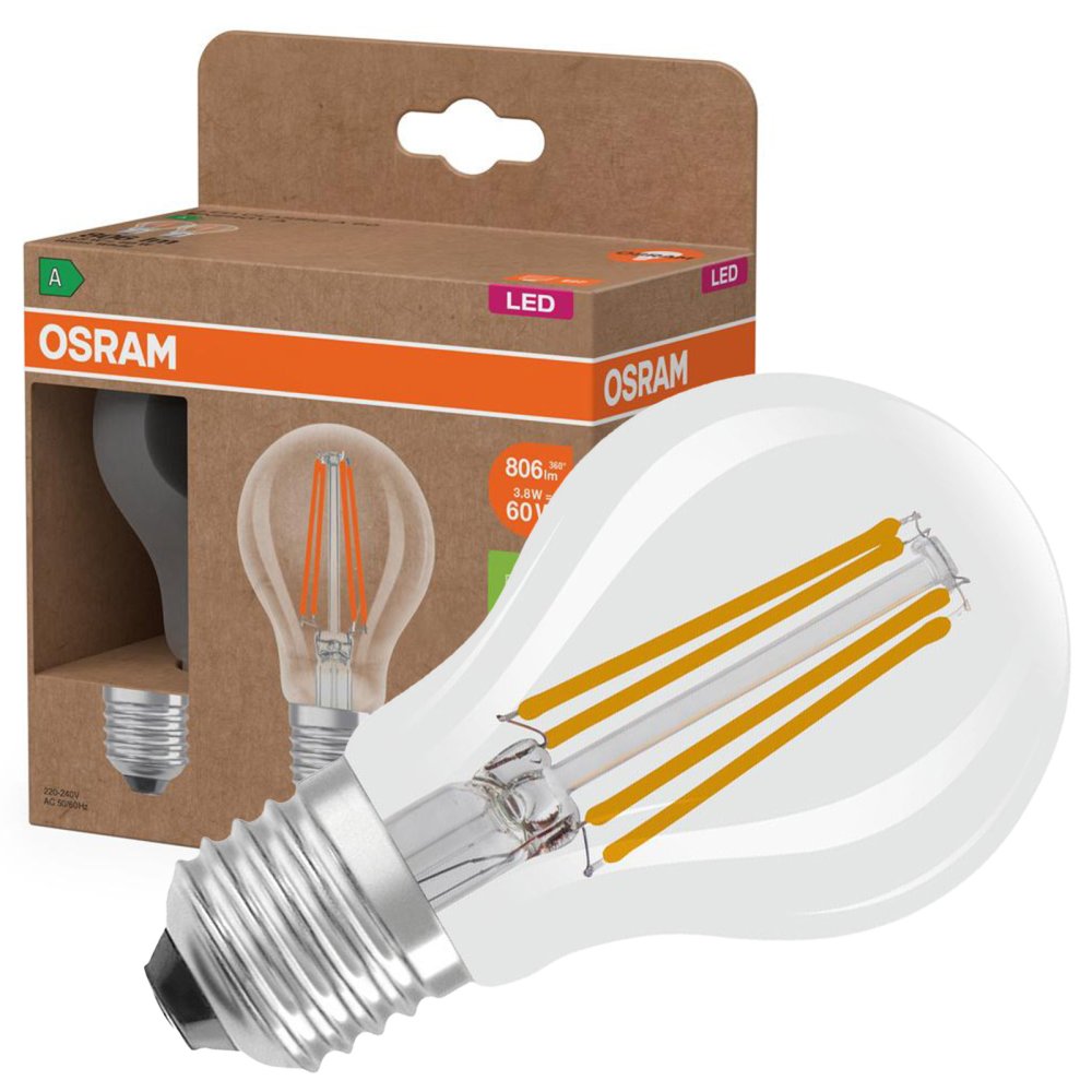2x LED žiarovka A60 E27 3,8W = 60W 806lm 2700K Warm 300° Filament CLASSIC ENERGETIC EFFICIENCY Osram