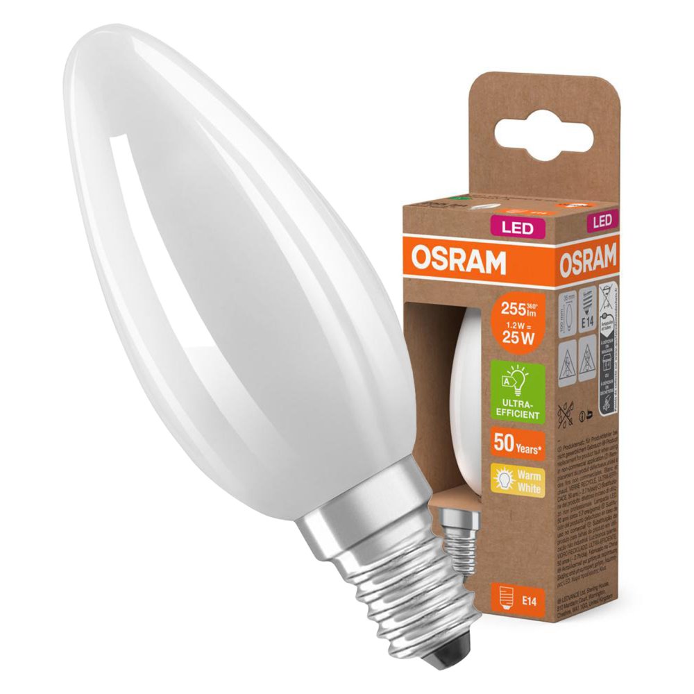LED žiarovka B35 Candle E14 1,2W = 25W 255lm 2700K Warm 330° 213lm/W CLASSIC ENERGETICKÁ ÚSPORNOSŤ Osram