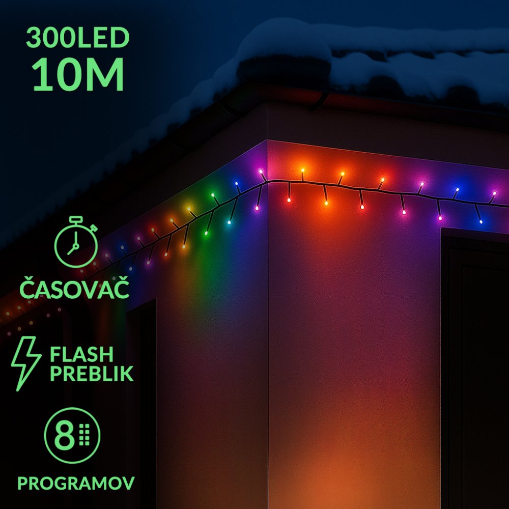 Vianočná led svetelná záclona vonkajšia - programy - časovač - 300led - 10m multicolour