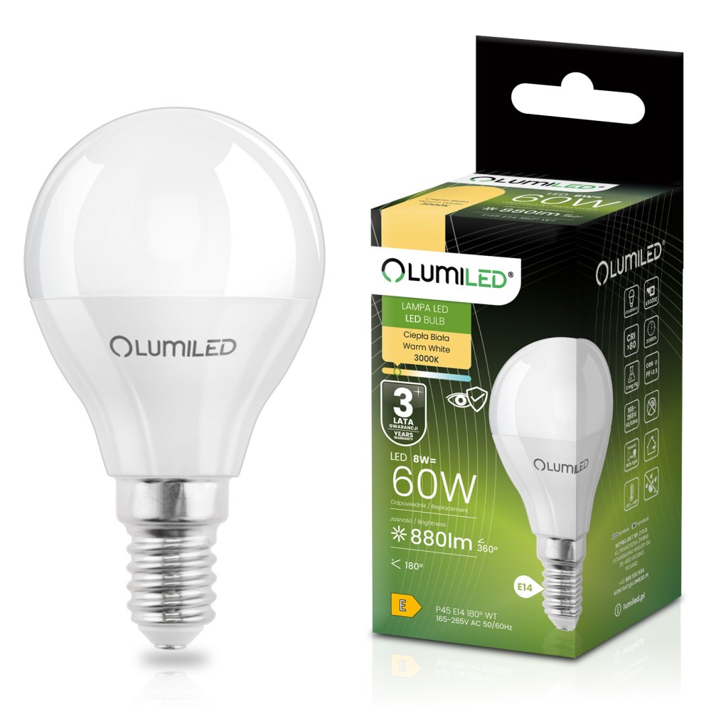 E-shop LED žiarovka E14 guľa P45 8W = 60W 880lm 3000K teplá 180° LUMILED