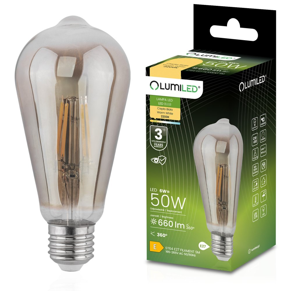 E-shop EDISON E27 ST64 6W = 50W 420lm 2200K Warm 360° Filament LUMILED Smokey LED žiarovka