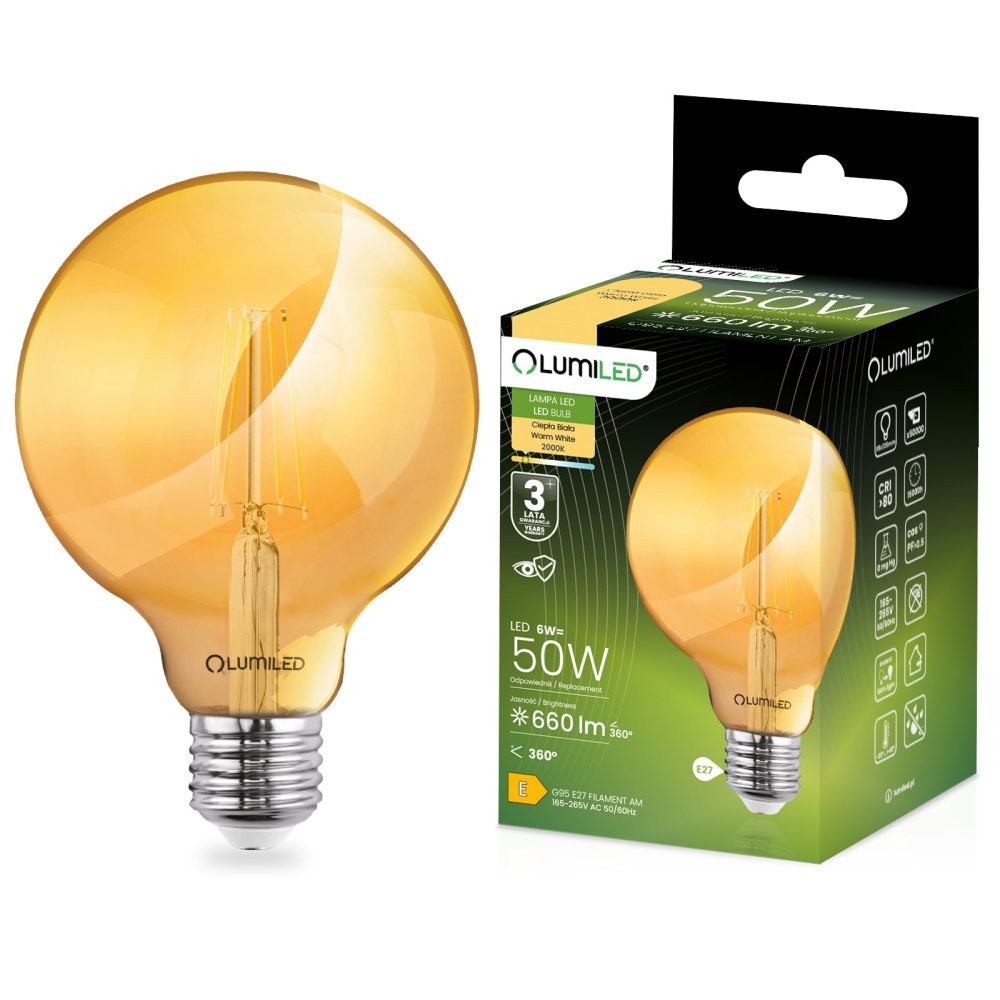 E-shop Dekoratívna LED žiarovka E27 G95 6W = 50W 660lm 2000K teplé 360° vlákno LUMILED Globe Amber