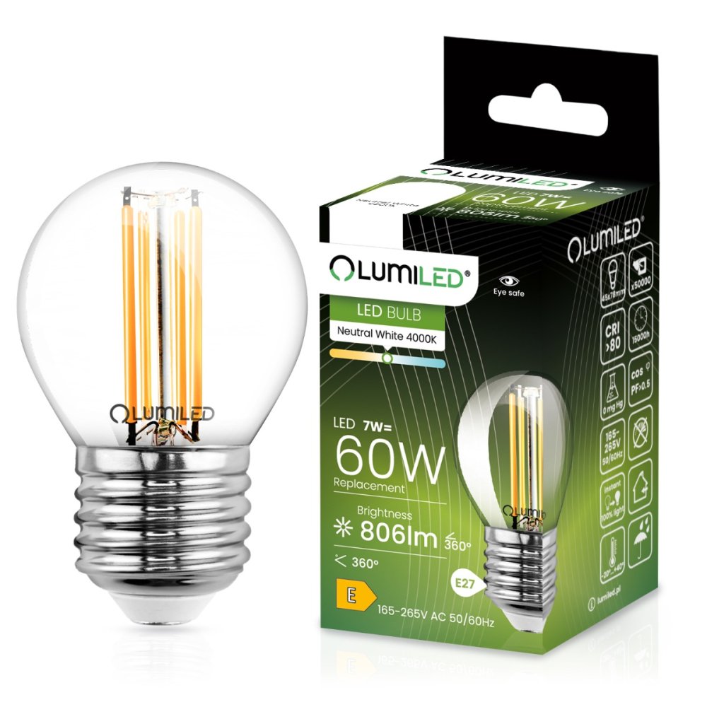 E-shop LED žiarovka E27 P45 Filament 7W = 60W 806lm 4000K Neutral 360° LUMILED