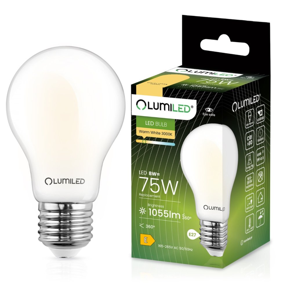 E-shop LED žiarovka E27 A60 8W = 75W 1055lm 3000K Warm 360° Filament Milk LUMILED