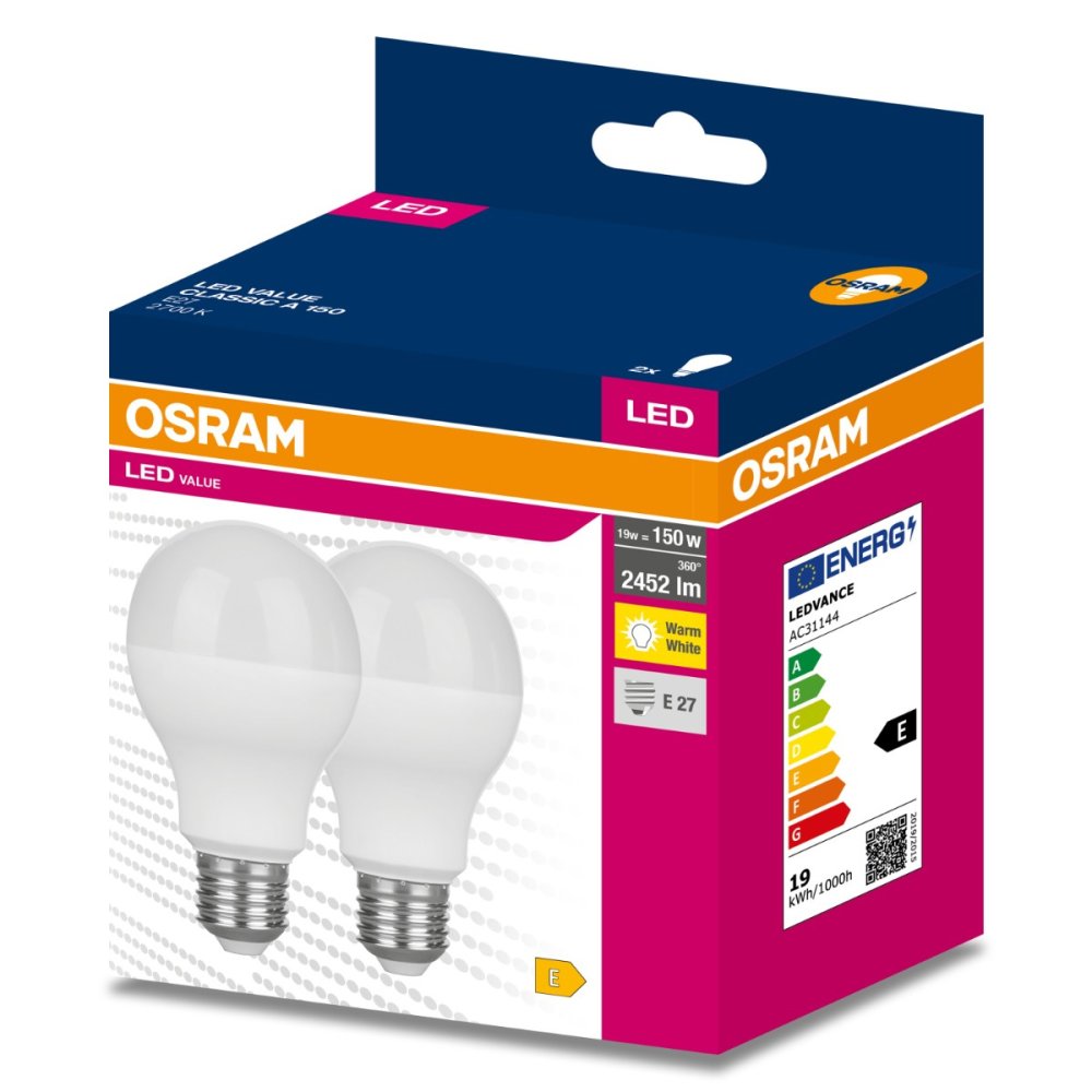 2PAK LED žiarovka E27 A60 19W = 150W 2452lm 2700K Warm 200° OSRAM VALUE