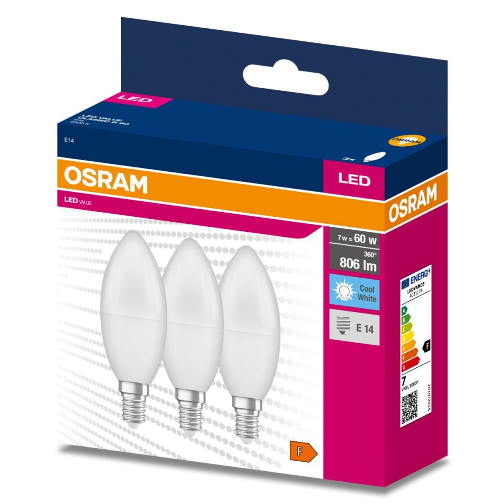 3PAK LED žiarovka E14 B35 7W = 60W 806lm 4000K Neutrálna 200° OSRAM VALUE
