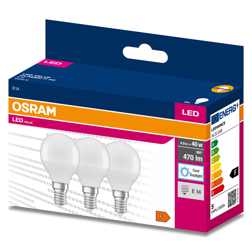 3PAK LED žiarovka E14 P45 4,9W = 40W 470lm 6500K Cold 200° OSRAM Value