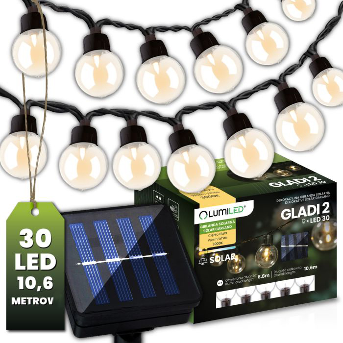 Solárna záhradná girlanda - 30x LED dekoratívne gule 10,6 m - teplé svetlo 3000K - LUMILED