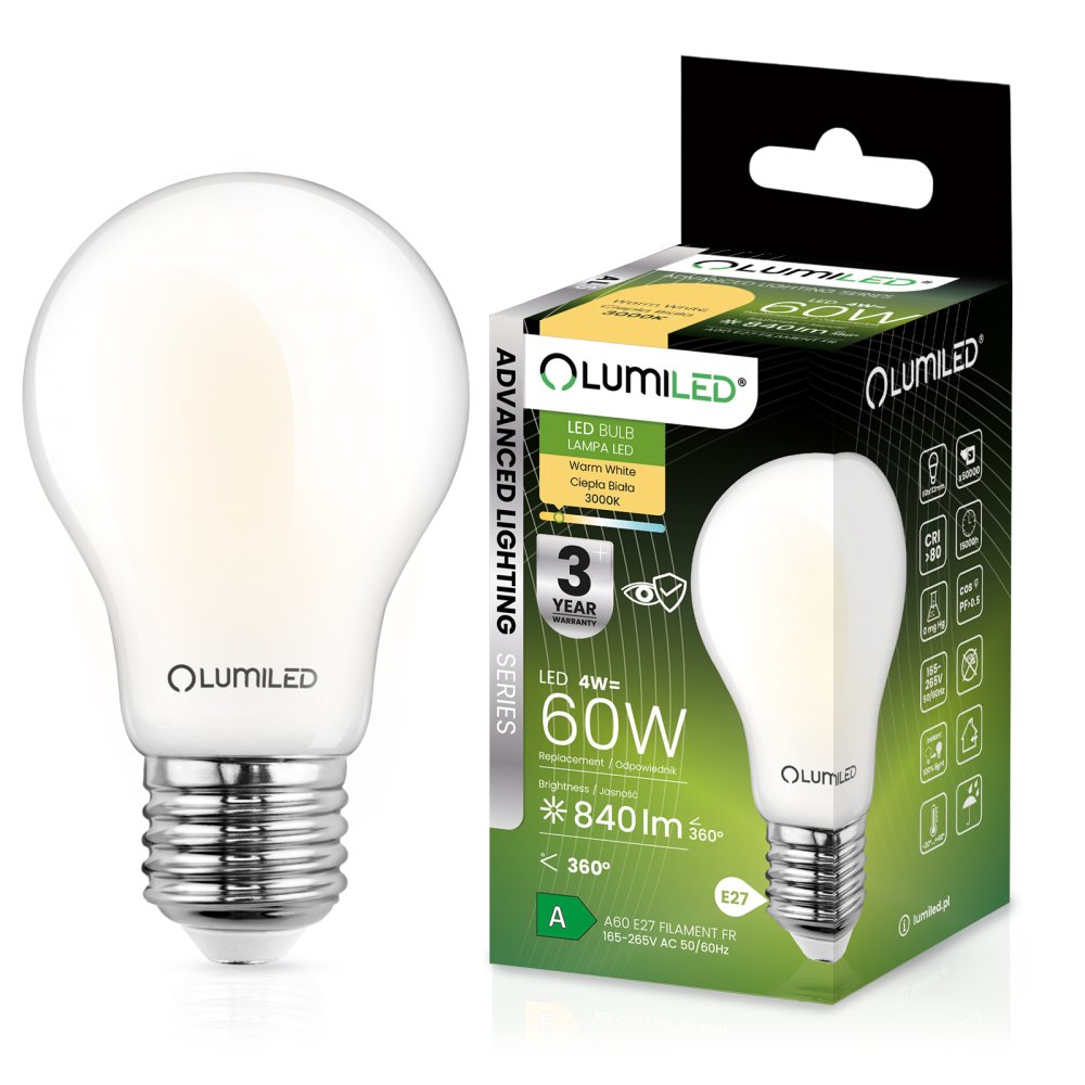 LED žiarovka E27 A60 4W = 60W 840lm 3000K Warm 360° FILAMENT LUMILED