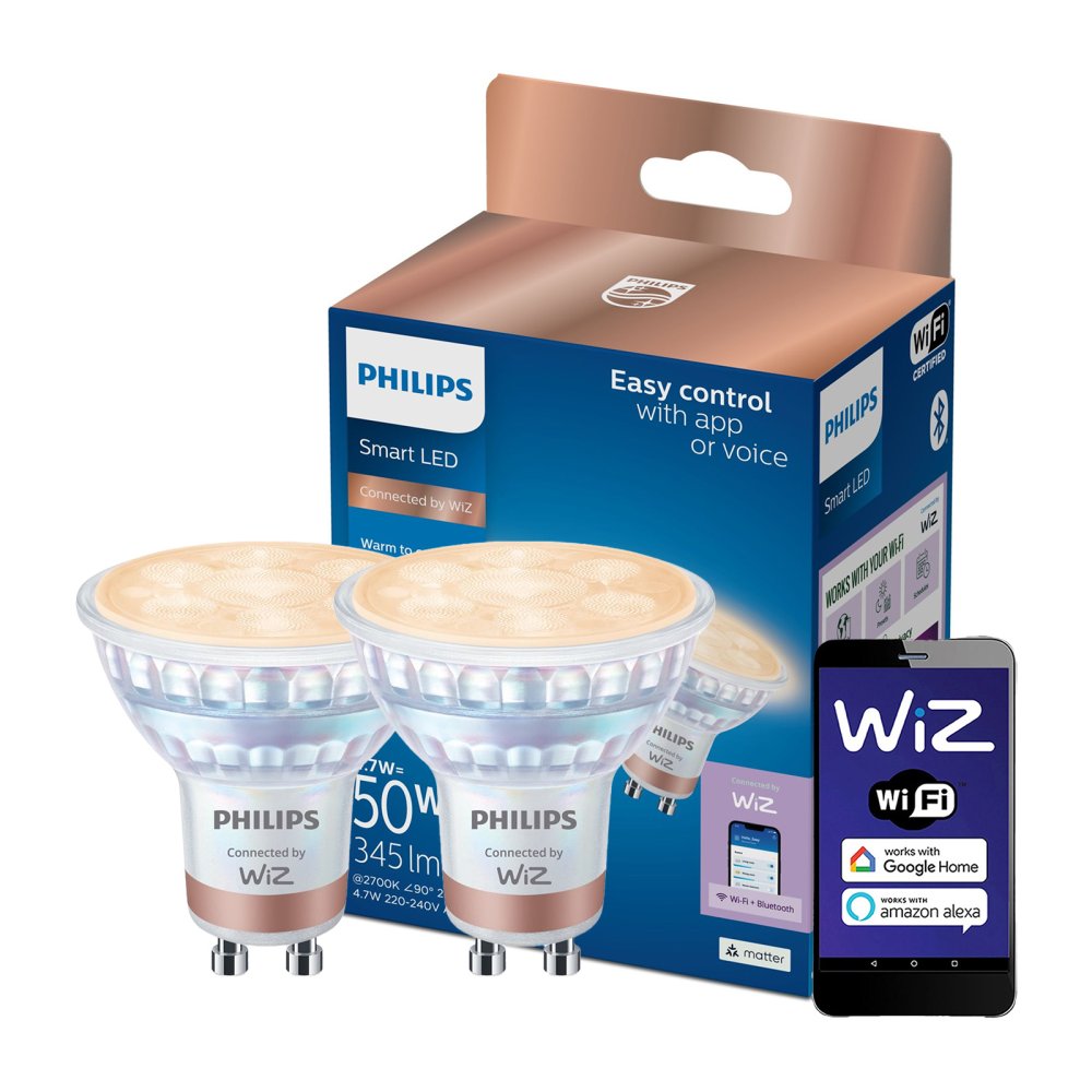 2x LED GU10 reflektor PAR16 4,7W = 50W 345lm 2700-6500K TW Smart SMART WiFi Bluetooth App WiZ Philips