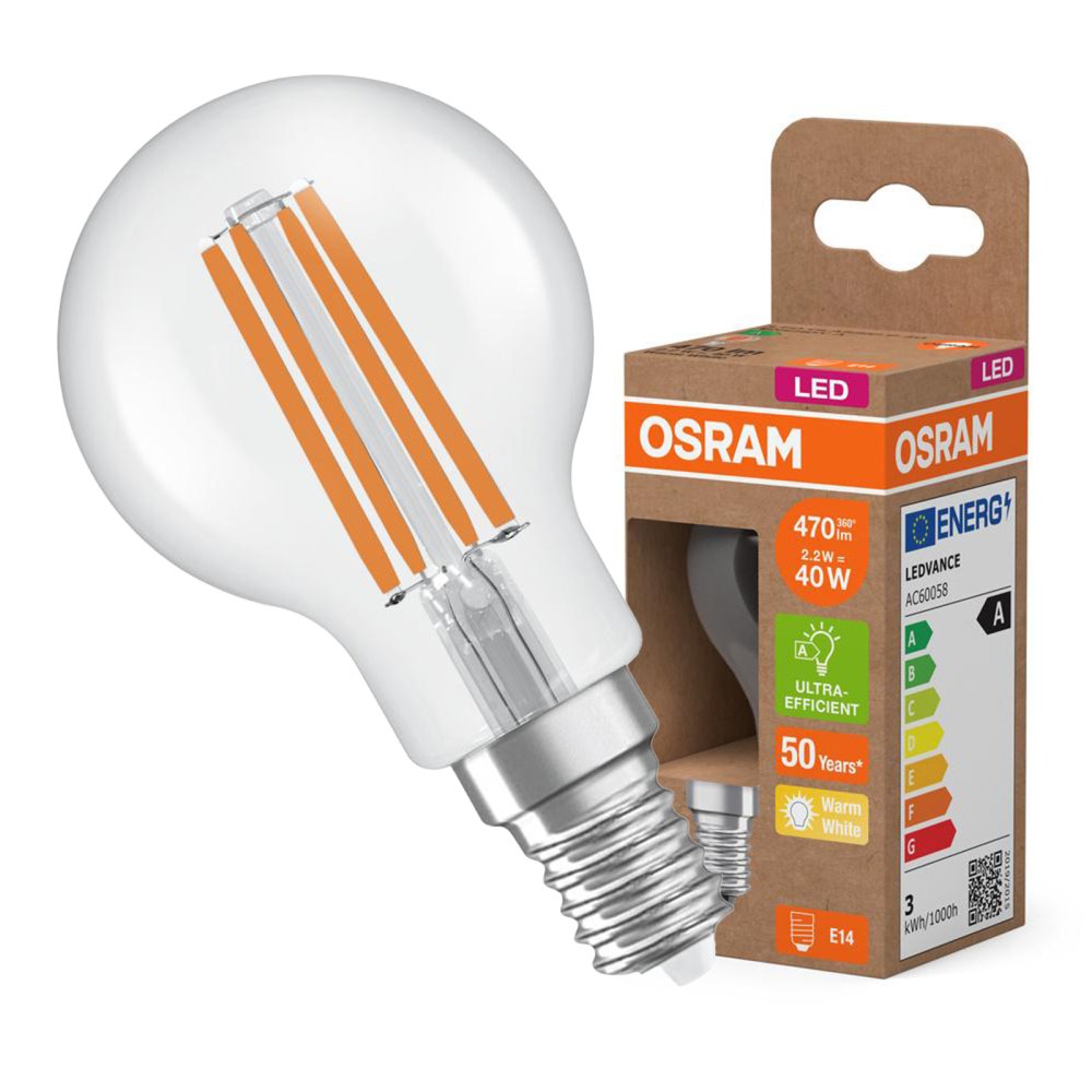LED žiarovka P45 Ball E14 2,2W = 40W 470lm 2700K Warm 330° 214lm/W CLASSIC ENERGETICKÁ ÚSPORNOSŤ Osram