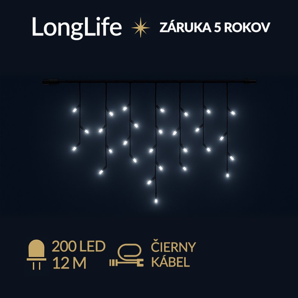 LongLife led svetelná záclona vonkajšia - 200led - 12m studená biela - čierny kábel