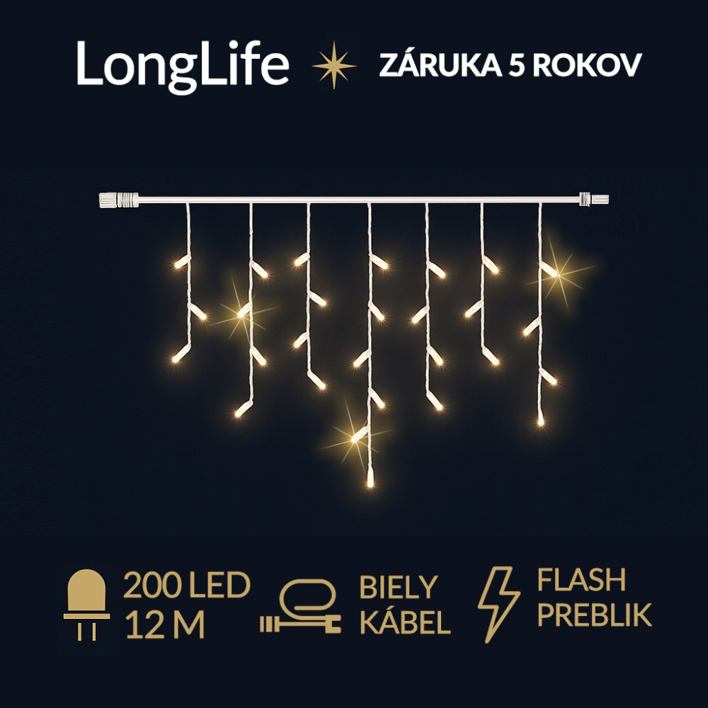 LongLife led svetelná záclona vonkajšia flash - 200led - 12m teplá biela / flash prebliknutie teplá biela - biely kábel