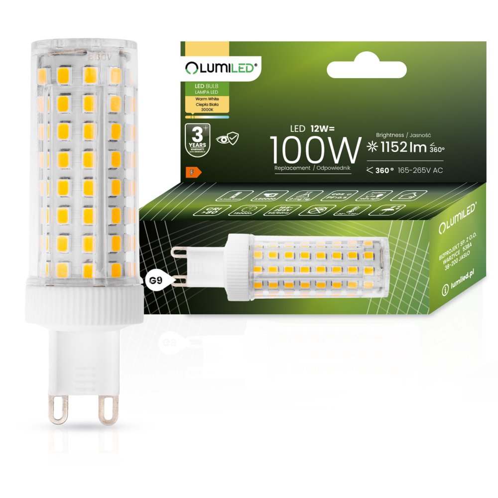 LED žiarovka G9 kapsula 12W = 100W 1152lm 3000K teplá 360° LUMILED
