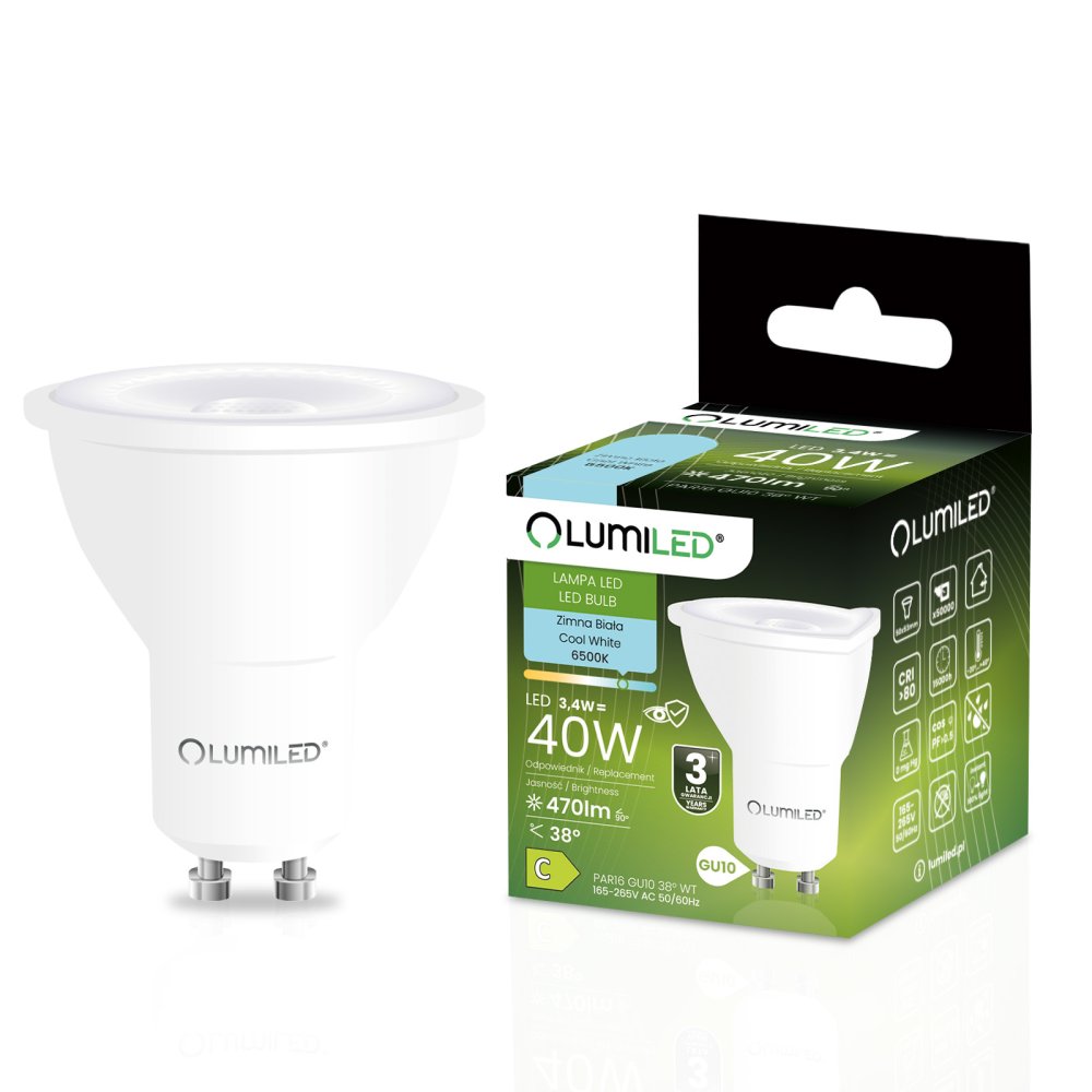 E-shop LED žiarovka GU10 reflektor PAR16 3, 4W = 40W 470lm 6500K studená 38° LUMILED