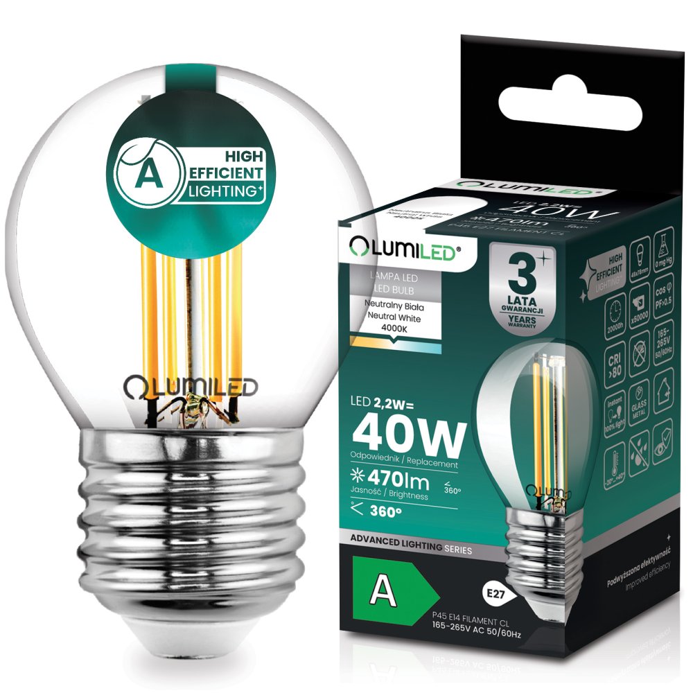 E-shop LED žiarovka E27 guľa P45 2, 2W 470lm = 40W 4000K neutrálna 360° filament KLASA A LUMILED