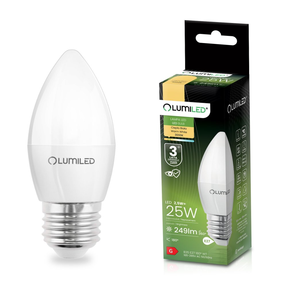 E-shop LED žiarovka E27 B35 2,5W = 25W 249lm 3000K Warm 180° LUMILED