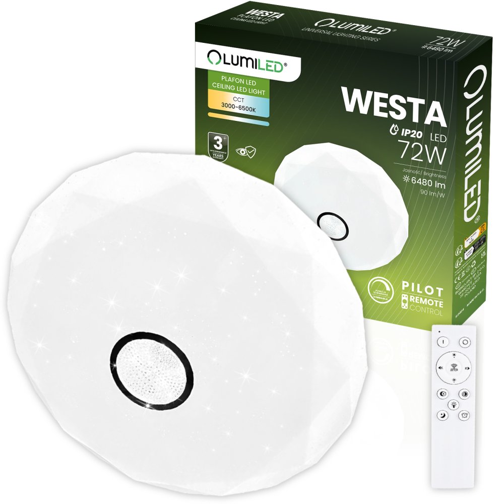 E-shop LED stropný plafón WESTA 72W CCT biely okrúhly 50cm + PILOT LUMILED