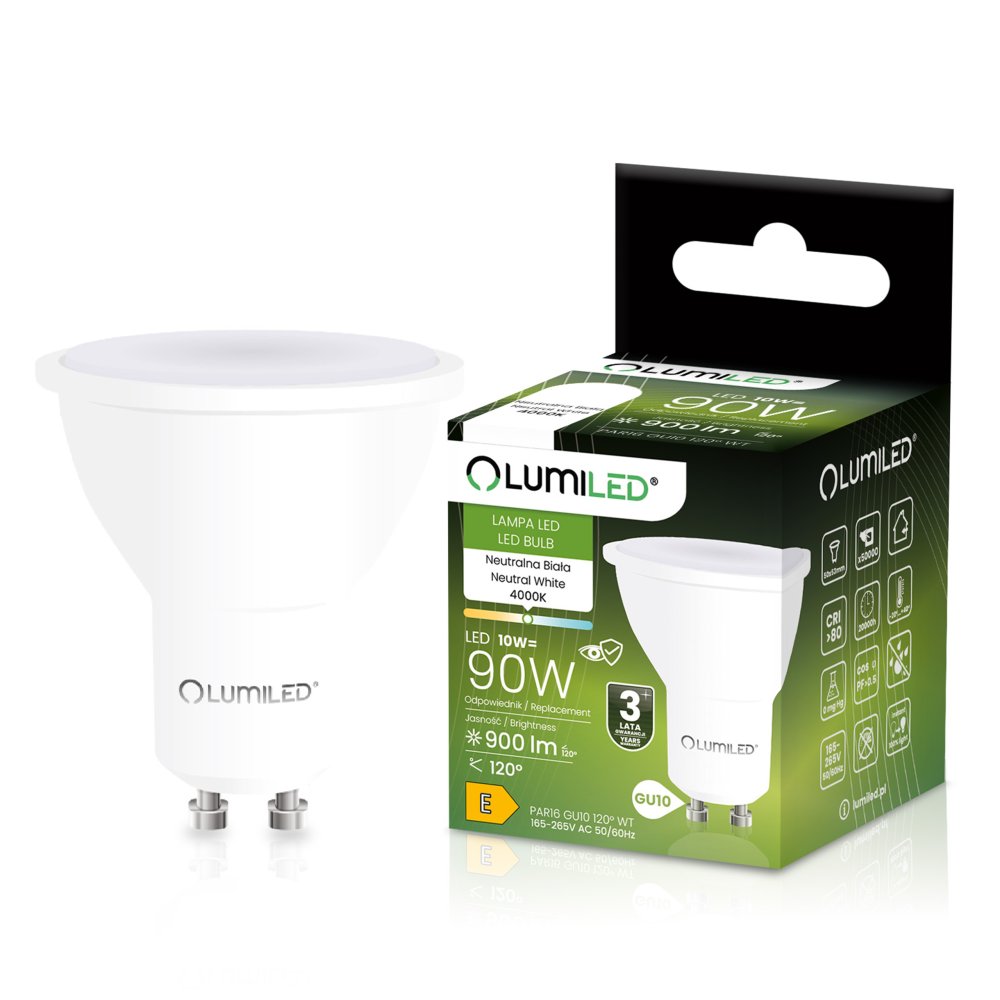 Žiarovka LED GU10 reflektor PAR16 10W = 90W 900lm 4000K neutrálna 120° LUMILED