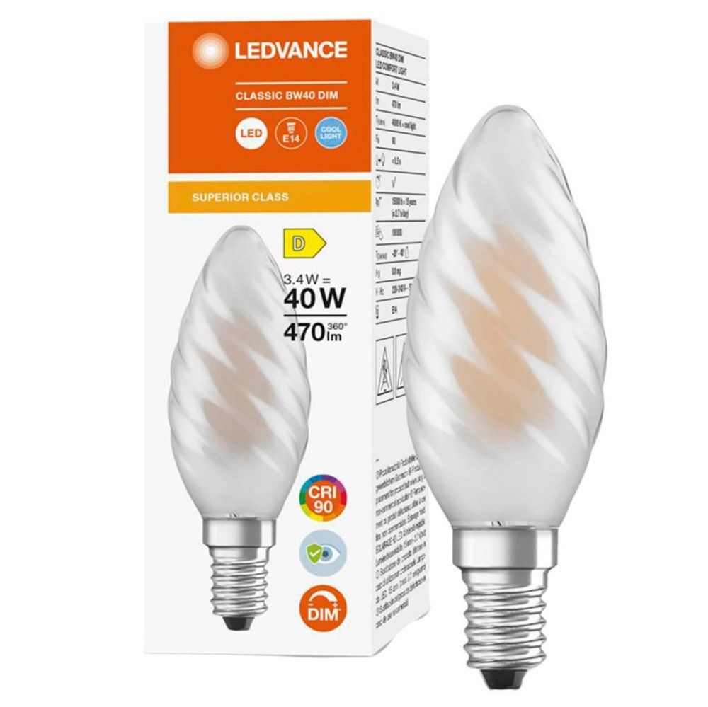 LED žiarovka E14 BW40 3,4W = 40W 470lm 4000K Neutrálna 300° CRI90 Vlákno Mlieko Stmievateľné LEDVANCE Superior