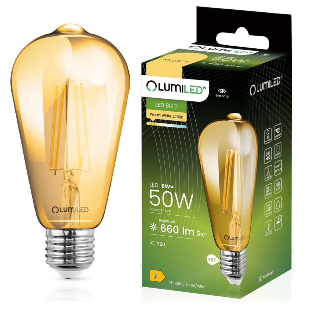 LED žiarovka E27 ST64 6W = 50W 660lm 2200K Warm 360° Filament LUMILED