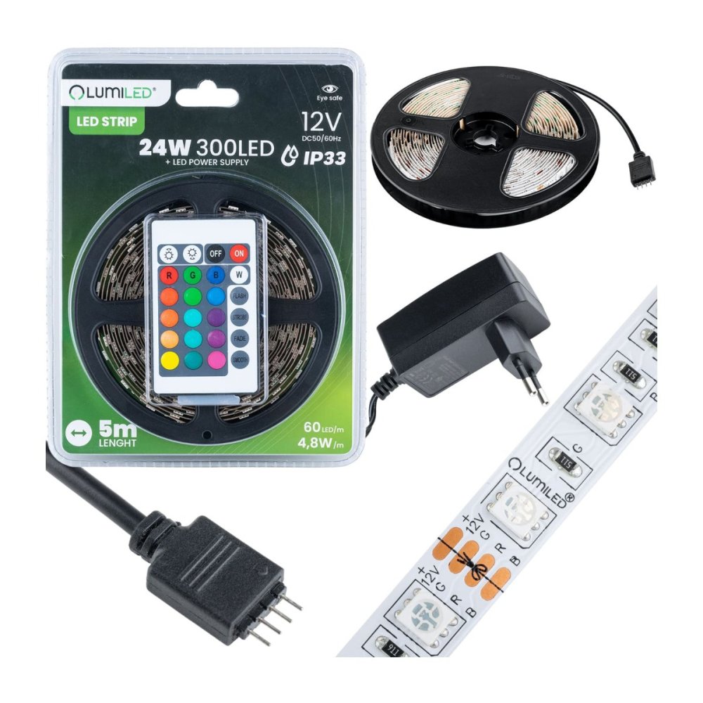 Sada LED pásov 12V 24W 300LED SMD 5050 RGB 8mm 5m + napájací zdroj + diaľkový ovládač