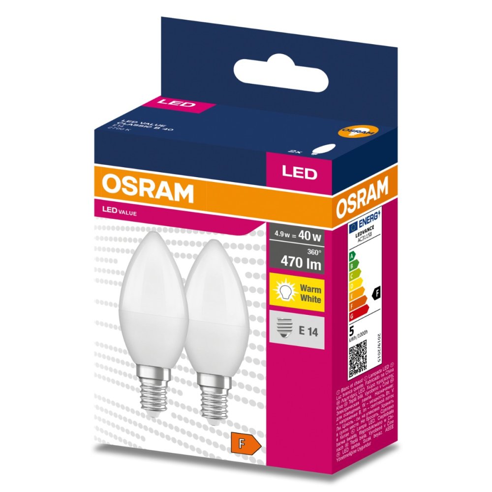 2PAK LED žiarovka E14 B35 4,9W = 40W 470lm 2700K Warm 220° OSRAM VALUE