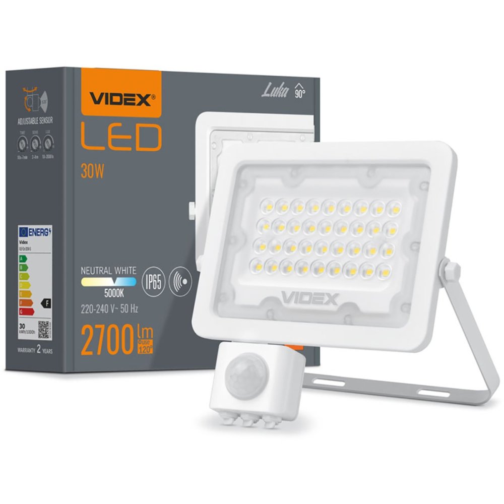 LED reflektor 30W 2700lm 5000K IP65 biely so senzorom pohybu a súmraku VIDEX LUCA