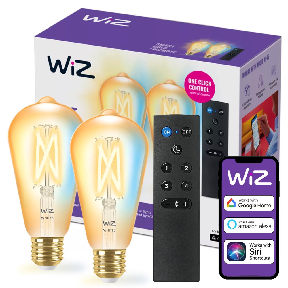 2x LED žiarovka E27 Edison ST64 7W = 50W 640lm 2000-5000K TW FILAMENT Amber Smart SMART WiFi Bluetooth aplikácia WiZ + diaľkové ovládanie