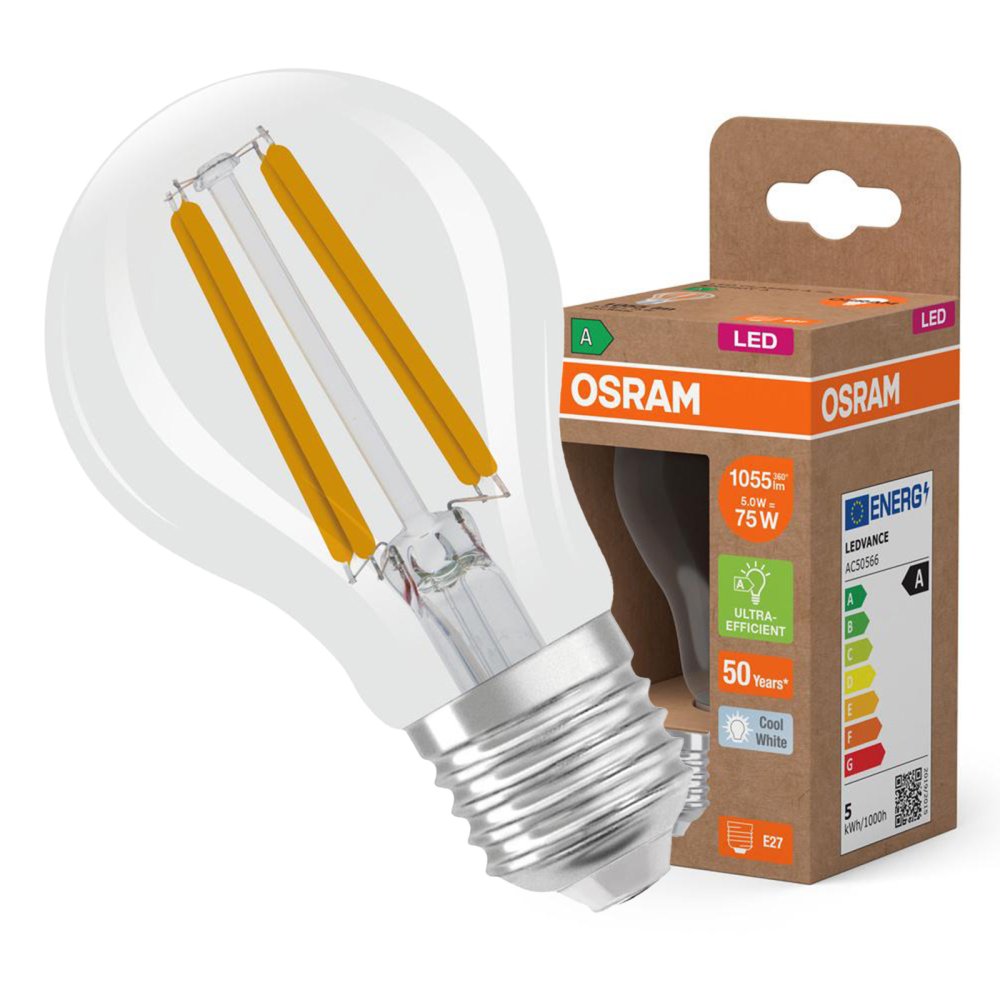 LED žiarovka A60 E27 5W = 75W 1055lm 4000lm Neutrálne vlákno 320° Klasická energetická účinnosť Osram