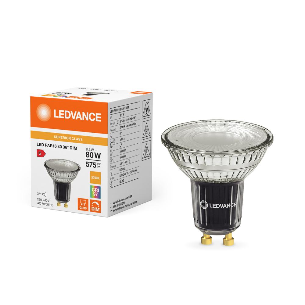 LED žiarovka GU10 PAR16 8,3W = 80W 575lm 2700K Warm 36° CRI97 Stmievateľná Ledvance