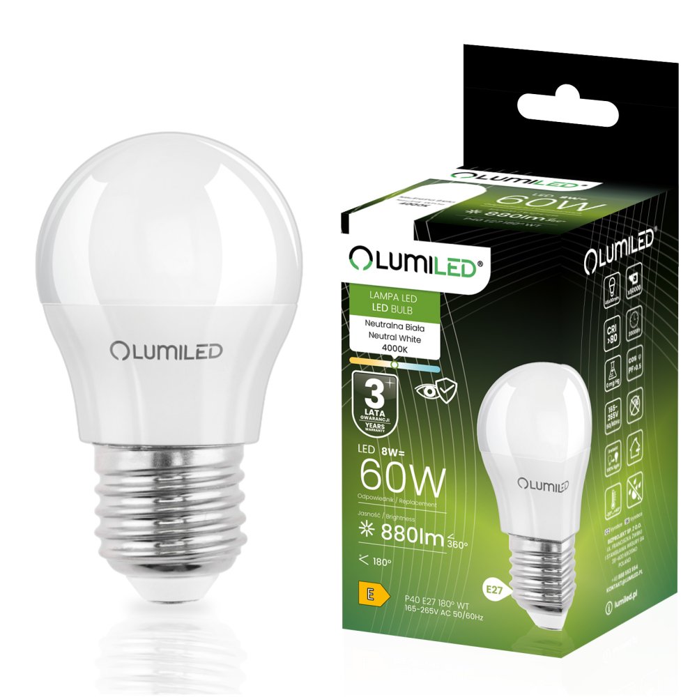 LED žiarovka E27 Ball P45 8W = 60W 880lm 4000K Neutral 180° LUMILED
