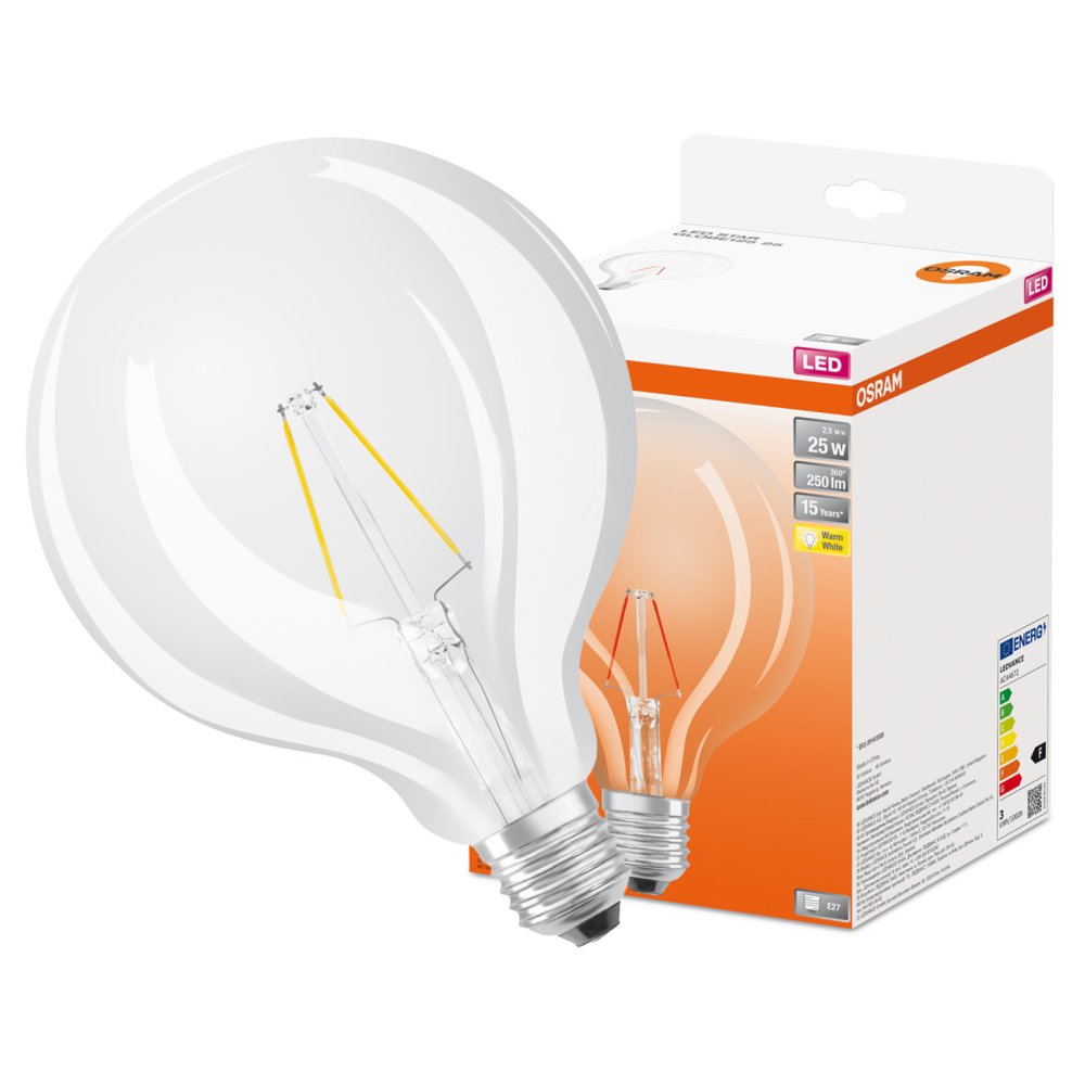 LED žiarovka G125 Sphere E27 2,5W = 25W 250lm 2700K Warm 300° Retrofit Filament CLASSIC Osram