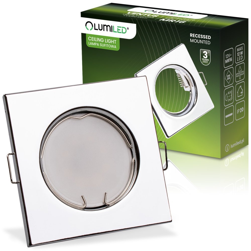E-shop Zapustené svietidlo halogénové pevné štvorcové PAVO chróm plech MR16 GU10 LUMILED