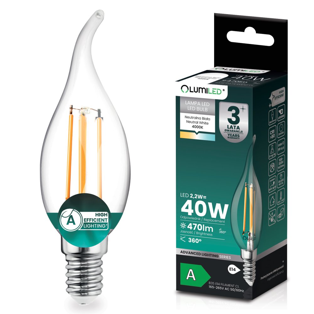 E-shop LED žiarovka E14 sviečka BA35 2, 2W 470lm = 40W 4000K neutrálna 360° filament KLASA A LUMILED