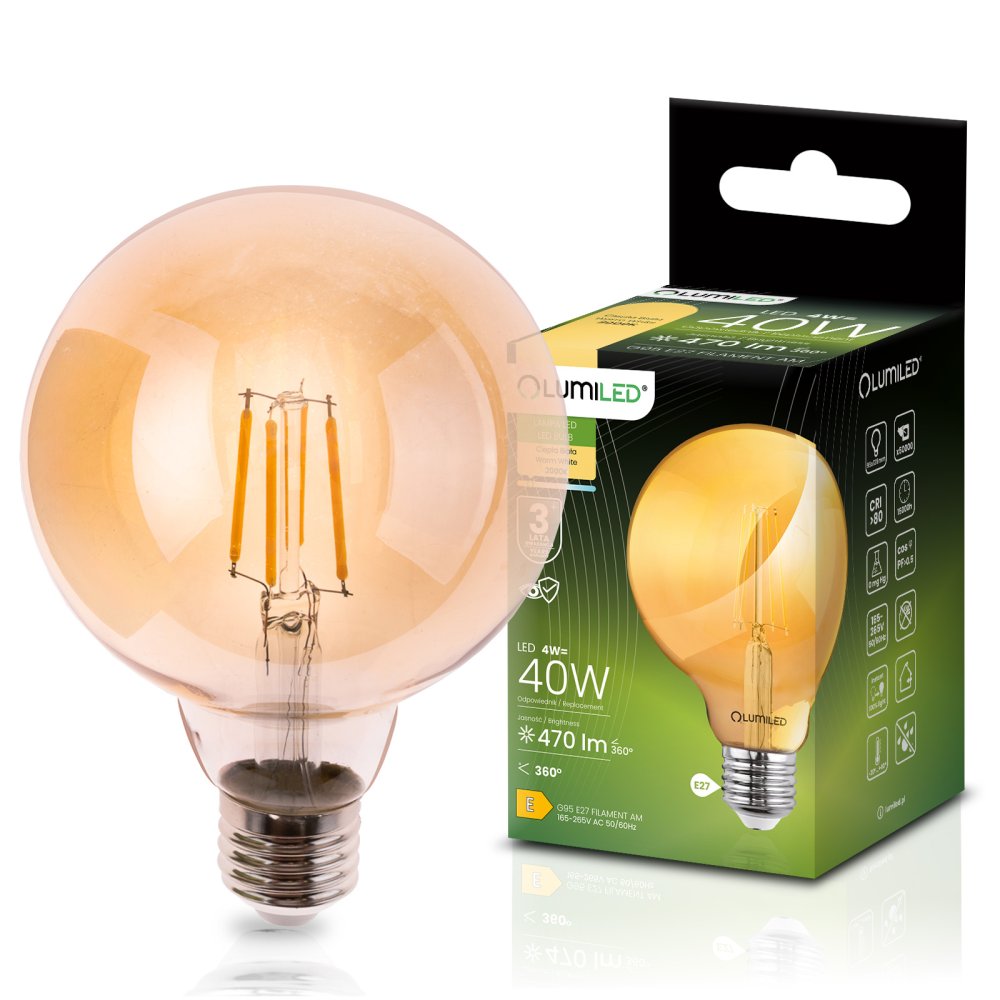 E-shop LED žiarovka E27 guľa G95 4W = 40W 470lm 2000K teplá 360° jantárová filament LUMILED