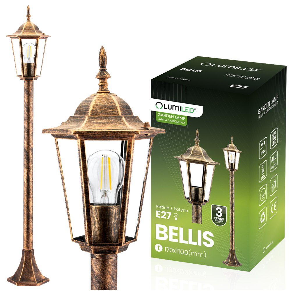 E-shop Záhradné svietidlo vonkajšie E27 nízke PENDLET 1m patina BELLIS LUMILED