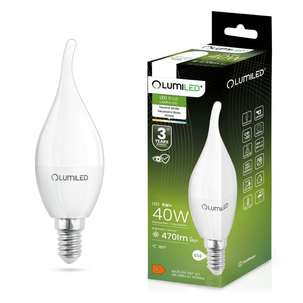 E-shop LED žiarovka E14 BA35 5W = 40W 470lm 4000lm Neutrálna 180° LUMILED