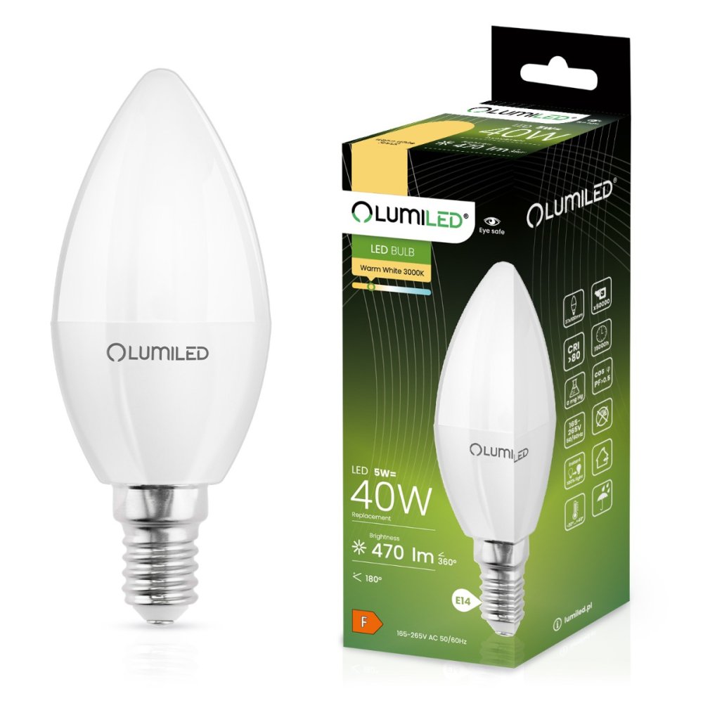 LED žiarovka E14 B35 5W = 40W 470lm 3000K Warm 180° LUMILED