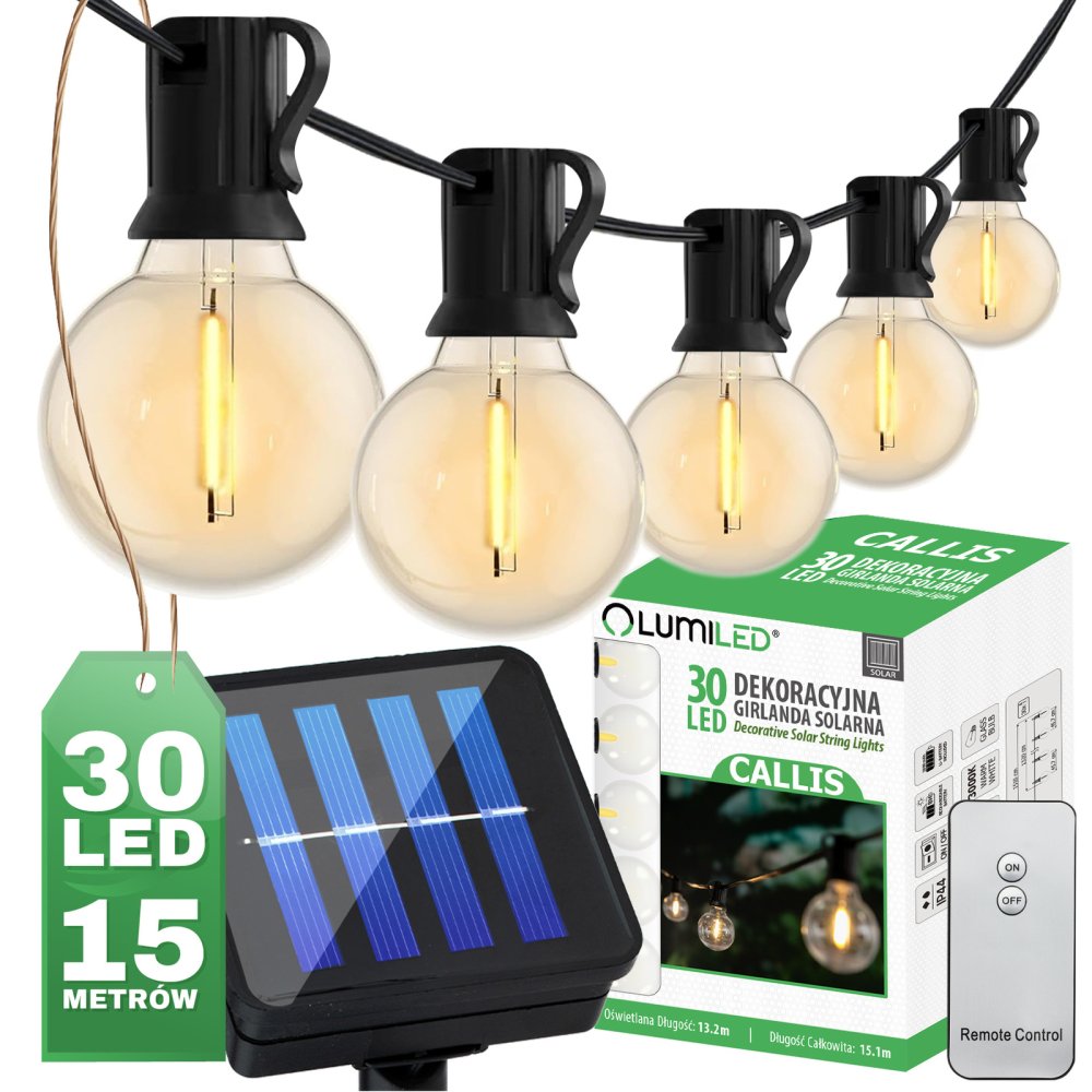 Solárna záhrada Girland 30x LED okrasné gule 15,17m teplá 3000K + diaľkové ovládanie CALLIS LUMILED