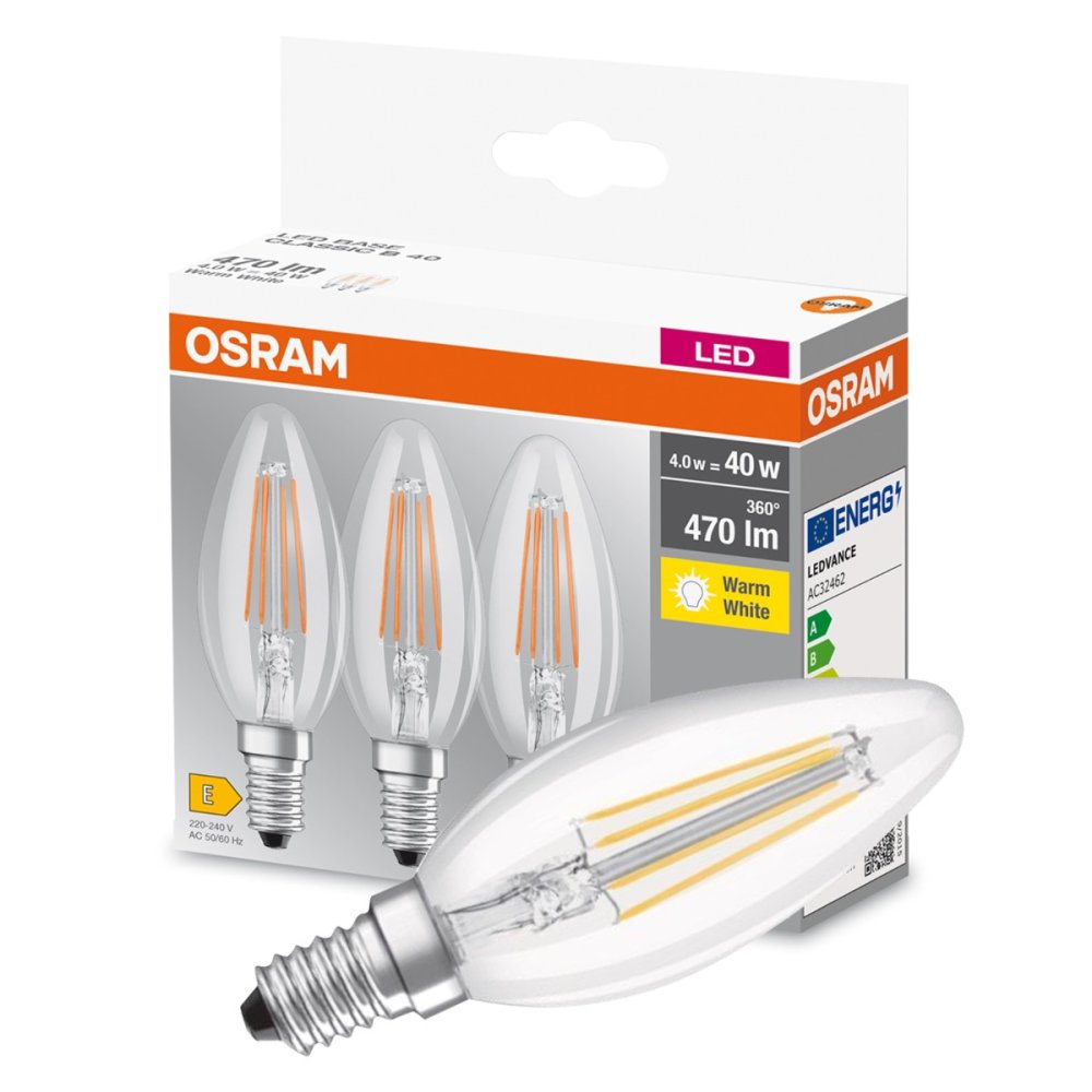 3PAK LED žiarovka E14 B35 4W = 40W 470lm 2700K Warm 300° Filament OSRAM