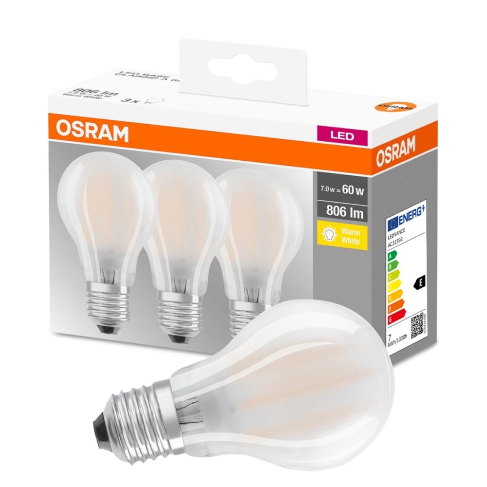 3PAK LED žiarovka E27 A60 7W = 60W 806lm 2700K Warm 300° Filament OSRAM Base