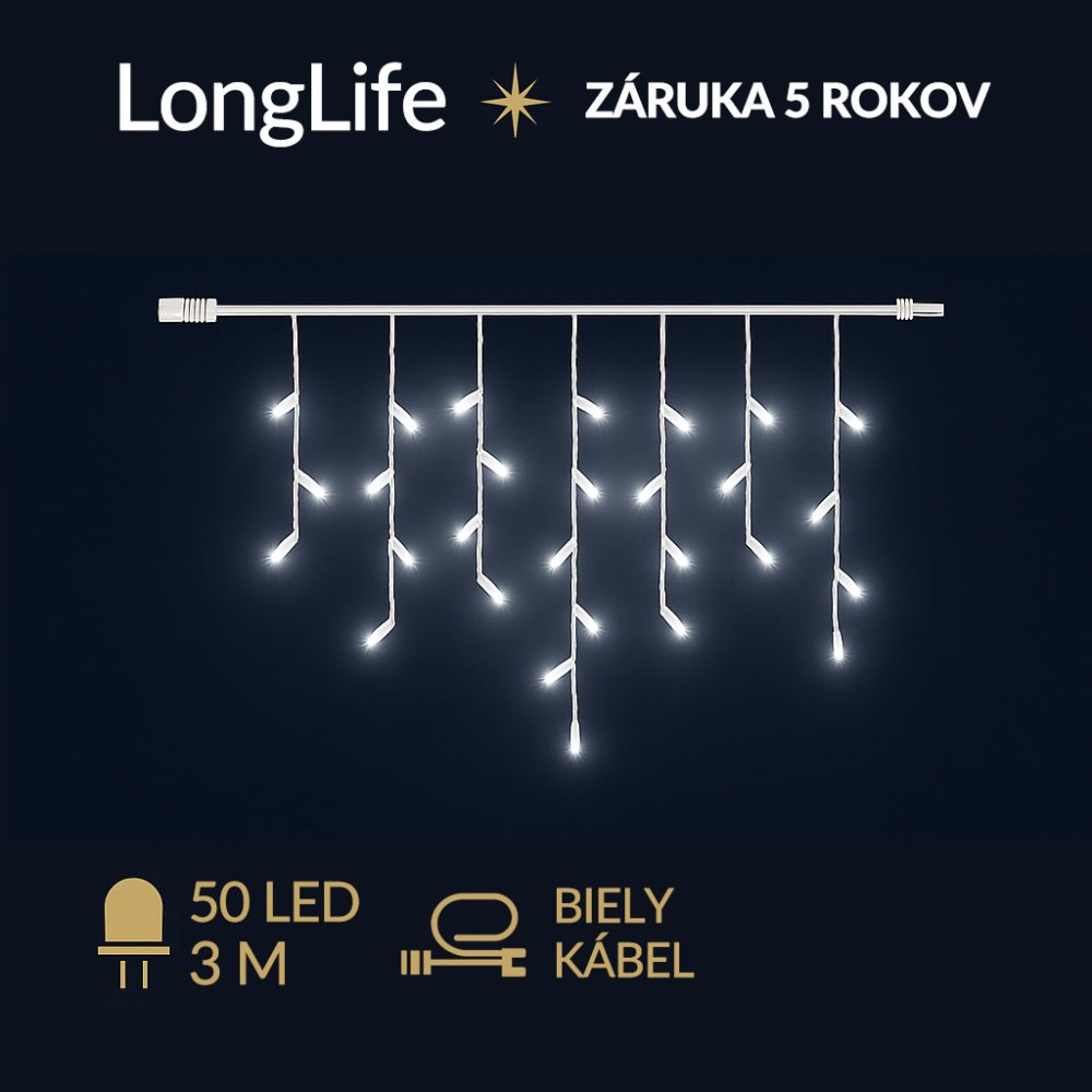 LongLife spojovateľná led svetelná záclona vonkajšia - 50led - 3m studená biela - biely kábel