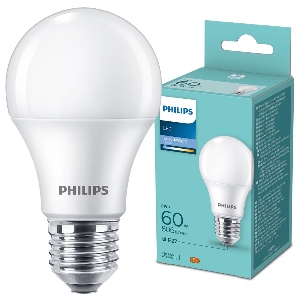LED žiarovka E27 A60 8W = 60W 806lm 6500K Cold 180° Essential Philips