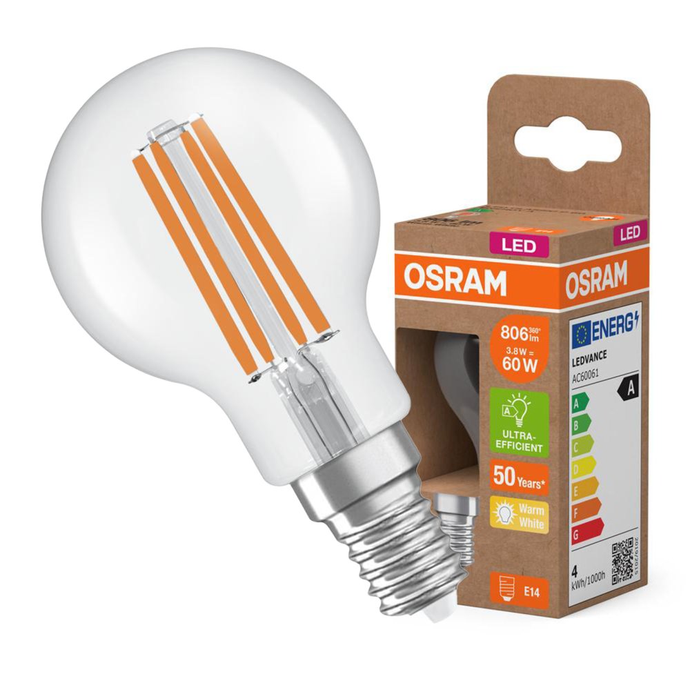 LED žiarovka P45 Ball E14 3,8W = 60W 806lm 2700K Warm 330° 213lm/W CLASSIC ENERGETICKÁ ÚSPORNOSŤ Osram