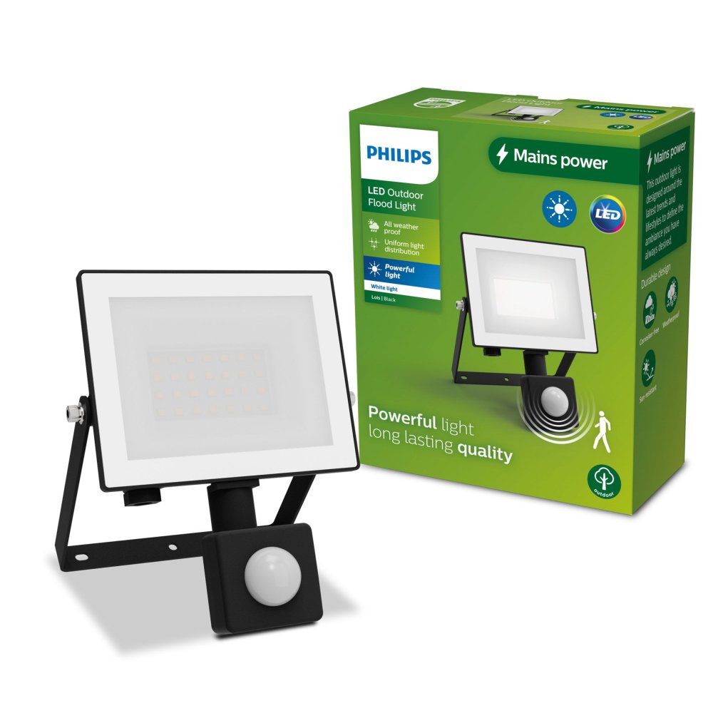 LED reflektor 20W 2050lm 3000K IP65 so senzorom pohybu a súmraku čierny Lois Philips