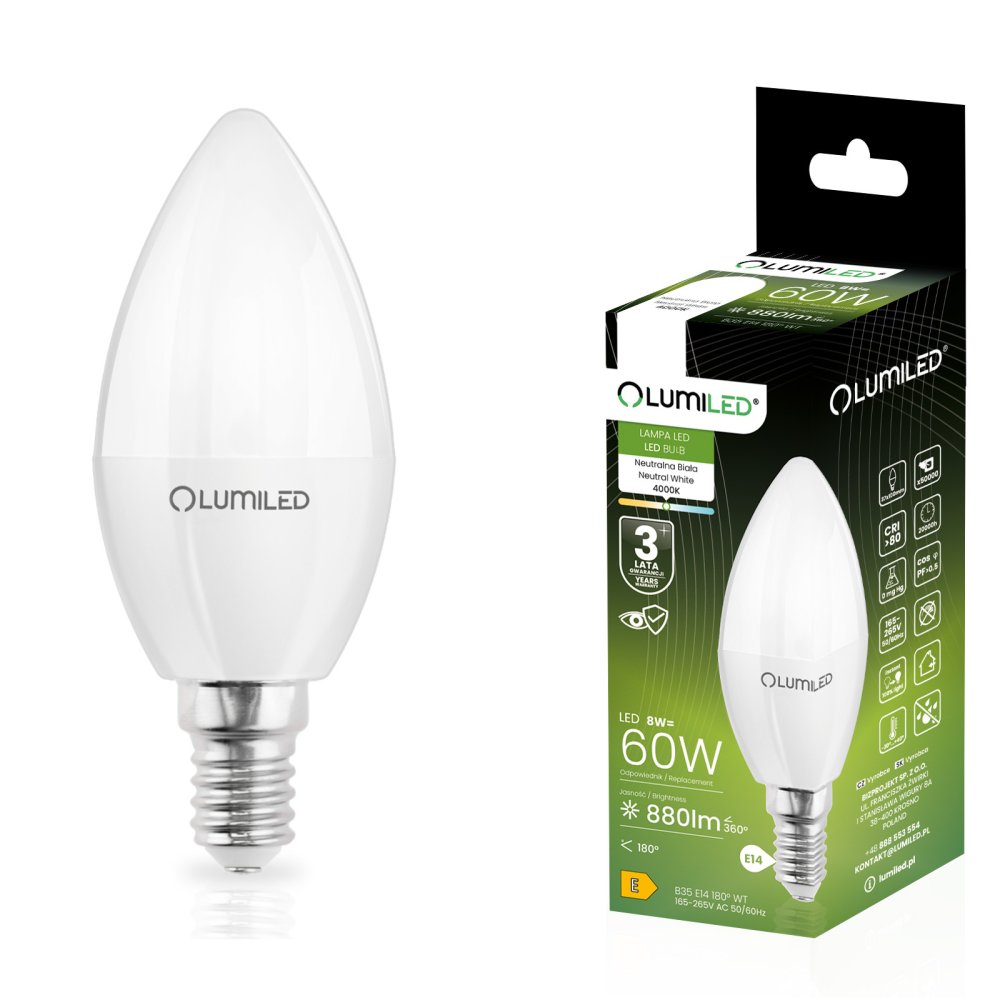 LED žiarovka E14 Candle B35 8W = 60W 880lm 4000K Neutral 180° LUMILED