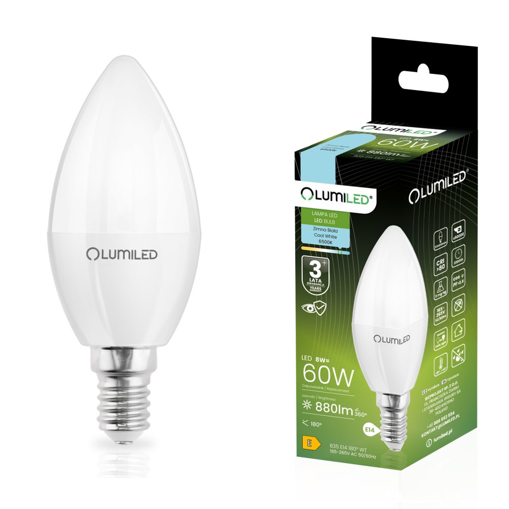 LED žiarovka E14 Candle B35 8W = 60W 880lm 6500K Cold 180° LUMILED